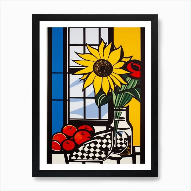 Framed wall art print with a yellow sunflower in a vase and colorful still life