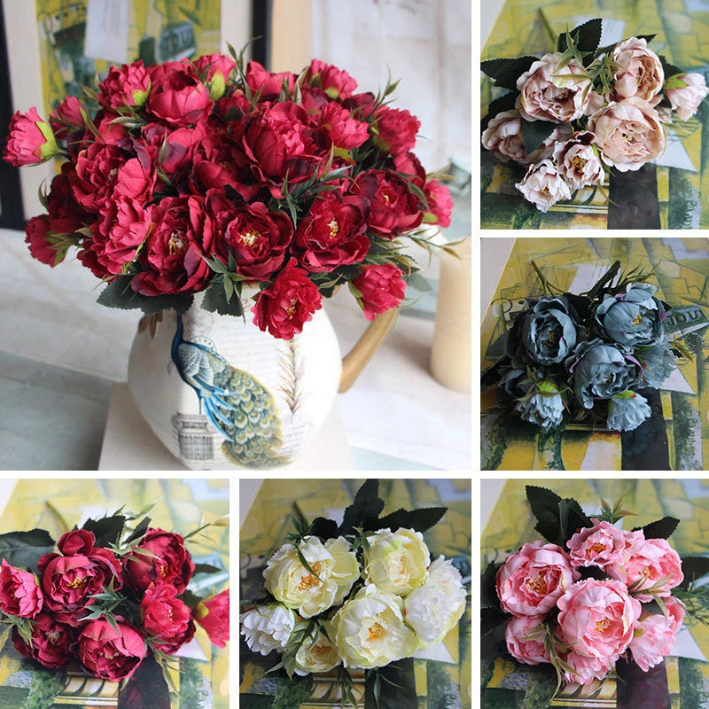 Assorted artificial peony flower bouquets in red, pink, cream, and blue with leaves
