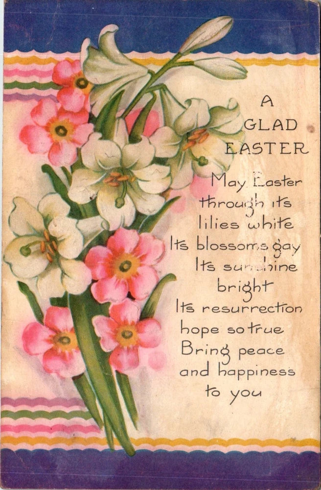 Vintage Easter Postcard White Lilies Pink Flowers Embossed Lily