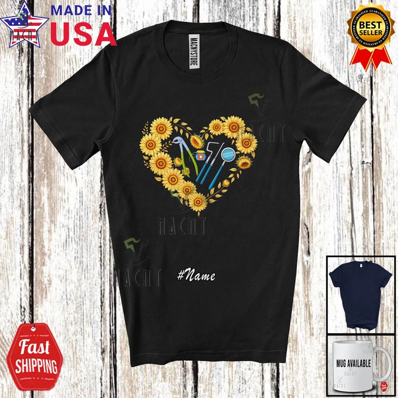 Black T-shirt with sunflower heart graphic and dental tool icons; shows #Name text