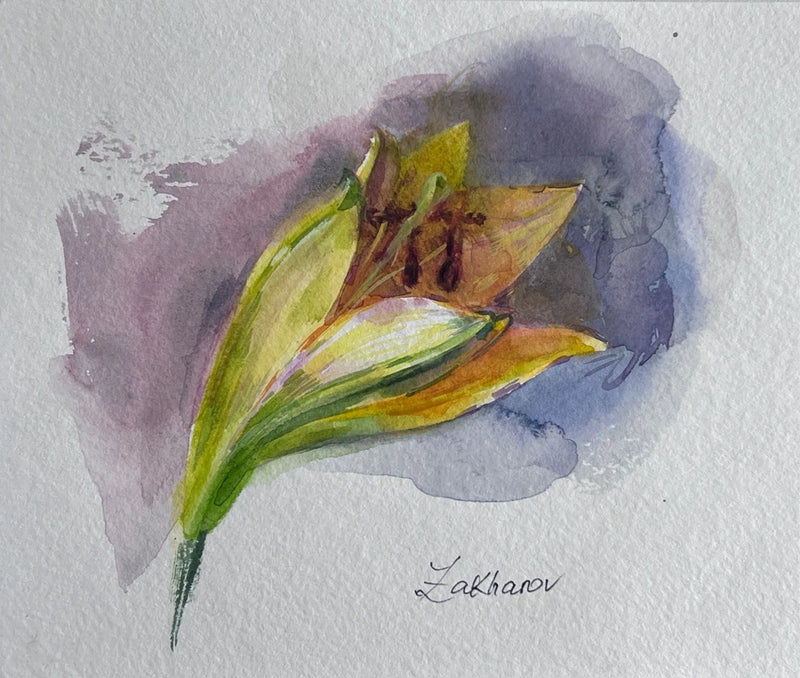 Signed watercolor floral painting with green leaves and purple blooms