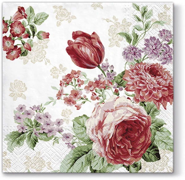 Lunch paper napkin with large red and pink roses floral print, square