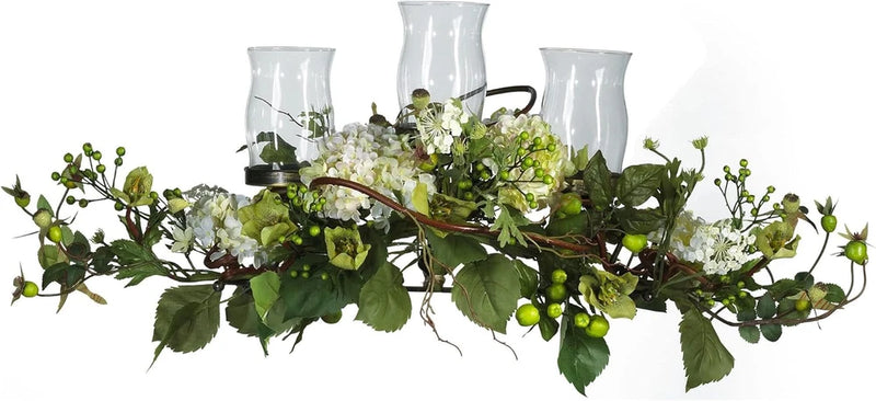 Cream Hydrangea Triple Candleabra Centerpiece - 29" Decorative Accent Hydrangea
