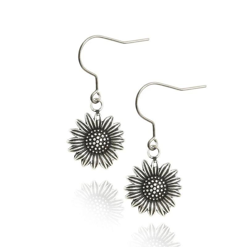 Titanium Vintage Sunflower Drop Earrings For Women, Stainless Steel Flower Dangl Sunflower