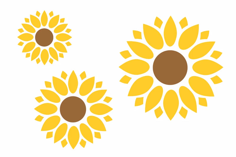 Set of three yellow sunflower stencil designs with brown centers
