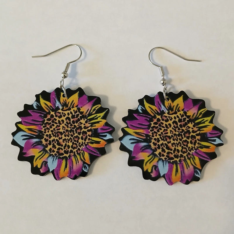 Women's Leopard Print Rainbow Sunflower Floral Bohochic Dangle Drop Earrings Sunflower