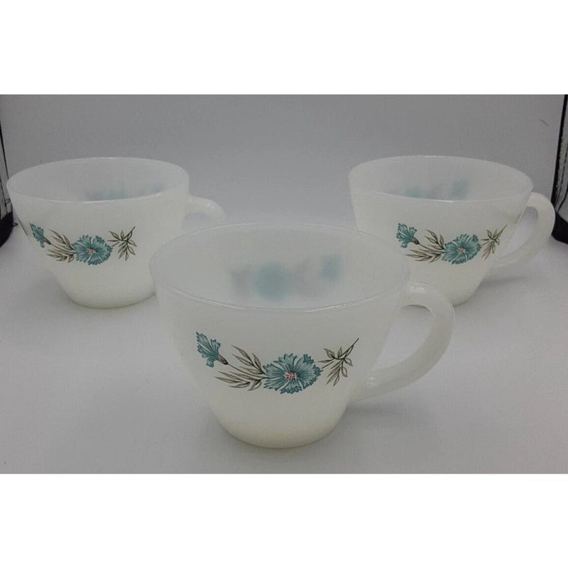 Vintage set of 3 white coffee/tea mugs with blue-green floral pattern and handles