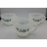 Bonnie Blue Carnation Flower Coffee/Tea Cup Fire King Oven Ware USA Set of 3 VTG Carnation