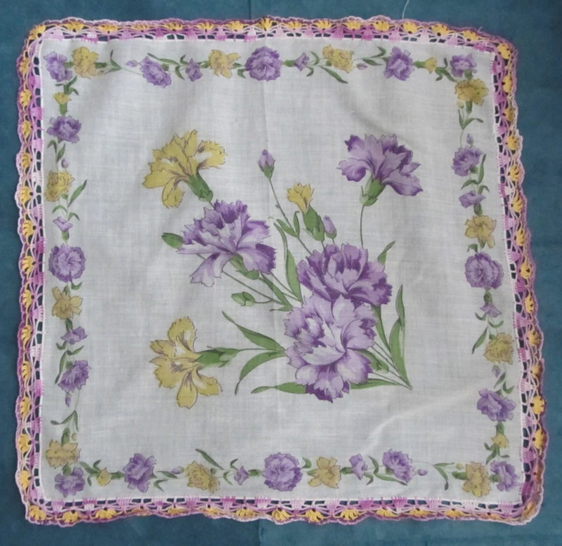 Vintage purple & yellow carnation flowers w/crochet edge handkerchief, hanky Carnation