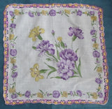 Vintage purple & yellow carnation flowers w/crochet edge handkerchief, hanky Carnation