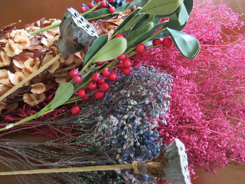 Sparkly dried flower bouquet with pink filler, silver glitter blooms, eucalyptus leaves, red berries
