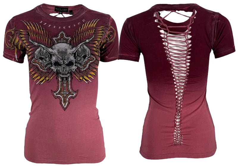 Women's maroon T-shirt with tattoo-style skull graphic at center