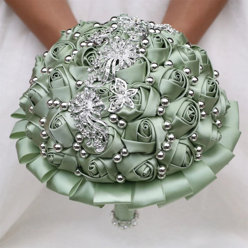 Handmade Wedding Bouquet with Silver Rhinestone Brooch Pearl Bridal Bouquet f... Bouquet