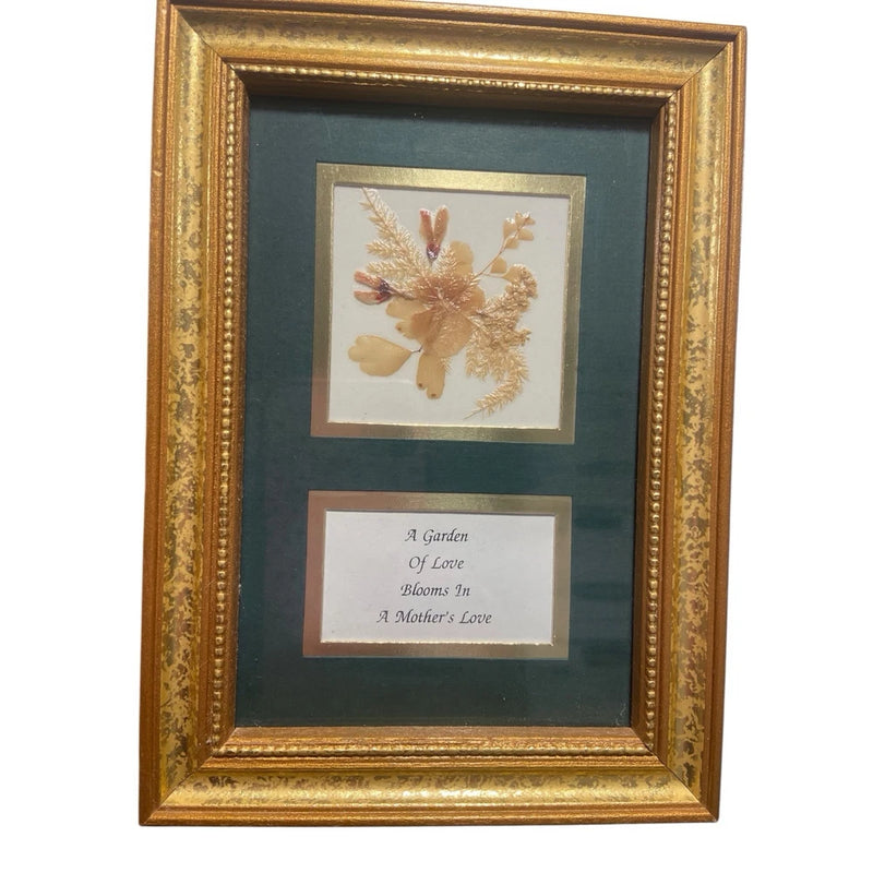 Gold-toned vintage framed pressed flower display with two paper verses