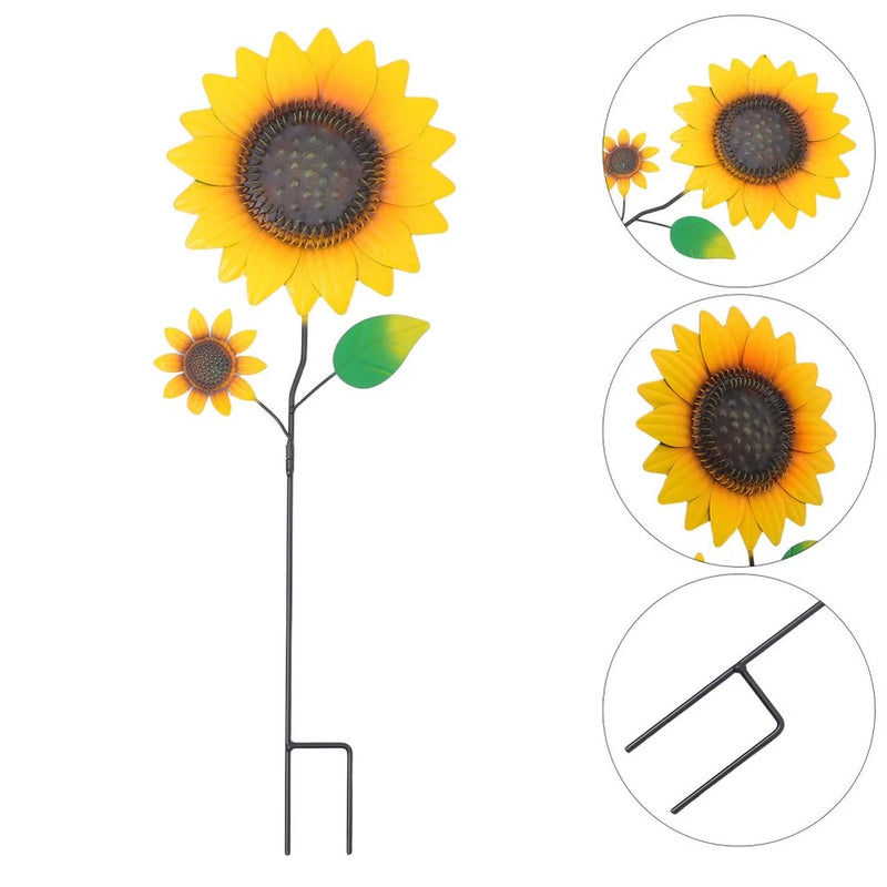 Metal sunflower garden stake with tall black stem, large yellow flower and small bloom