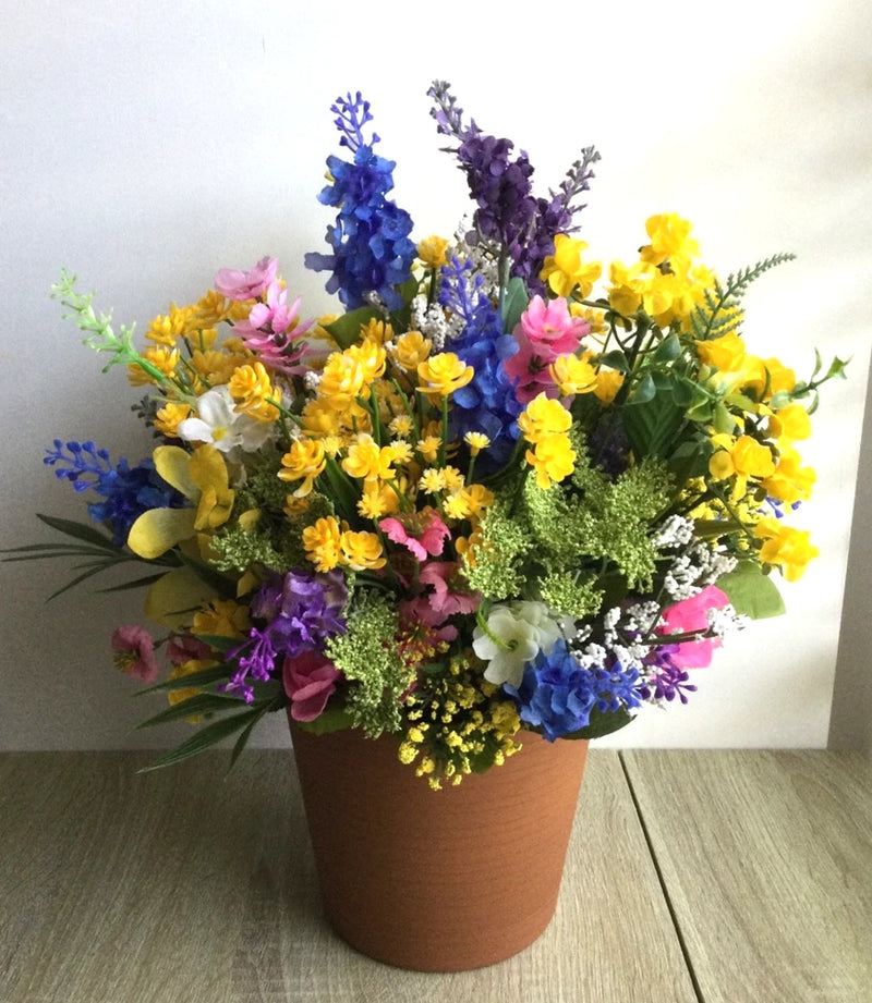 Faux Floral Arrangement in Plastic Pot 15"  Wildflower Verbena Lavender Bluebell Ranunculus
