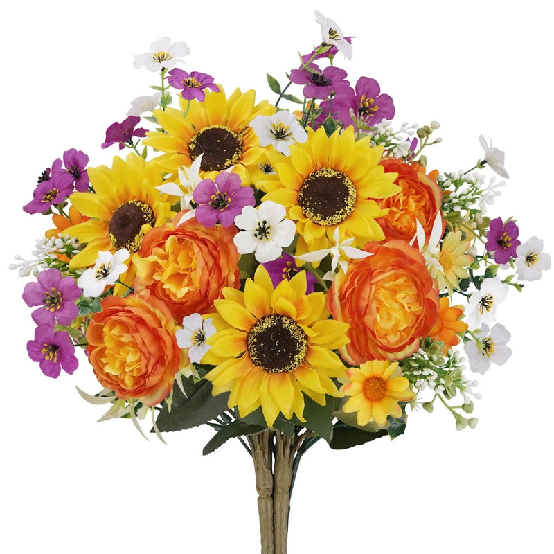 Faux wildflower bouquet with yellow sunflowers, orange peonies, purple blossoms, and white daisies