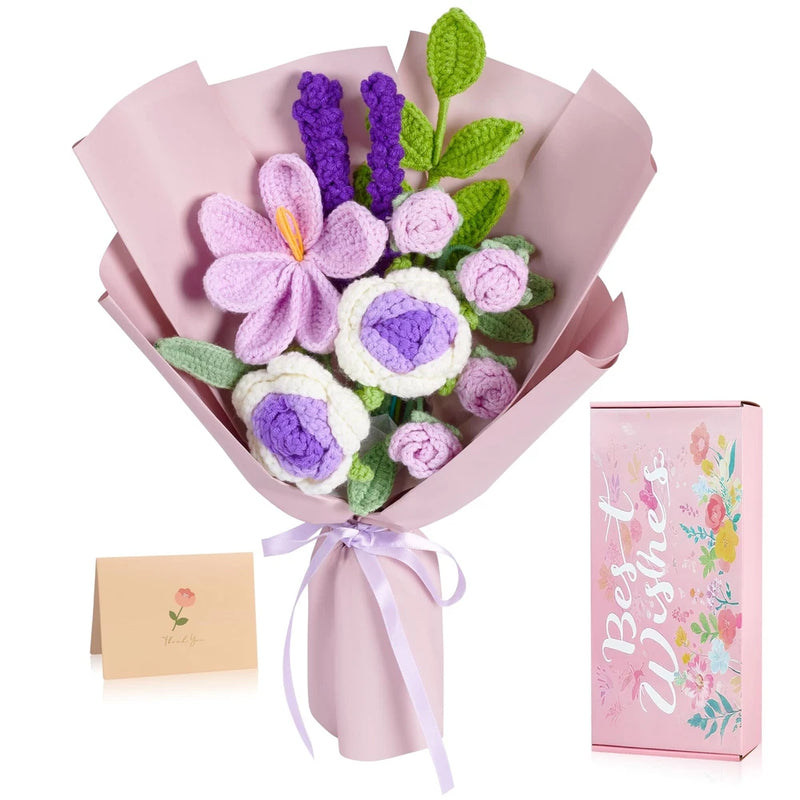 Handmade crochet flower bouquet with purple and pink blooms, green leaves, ribbon-wrapped.
