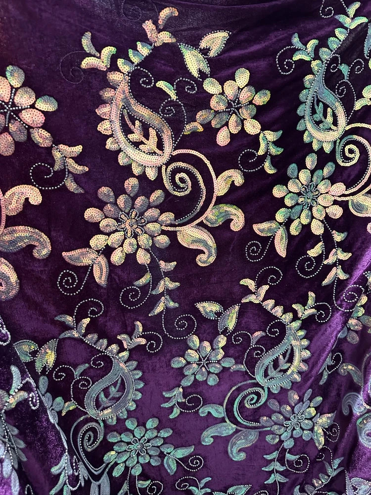 PURPLE Floral Sequin Beaded Stretch Velvet Fabric (58 in.) Sold BTY Flowering Plants