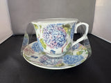 Kent Pottery Blue Purple Hydrangea Flower Porcelain Tea Cup & Saucer Set NWT Hydrangea