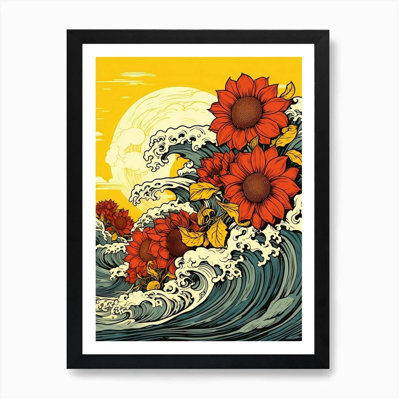 Great Wave With Sunflower Flower Dr Framed Wall Art Poster Canvas Print Picture Sunflower