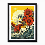Great Wave With Sunflower Flower Dr Framed Wall Art Poster Canvas Print Picture Sunflower
