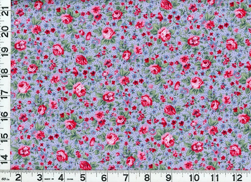 Blue quilting fabric with red and pink rose flowers and tiny blossoms