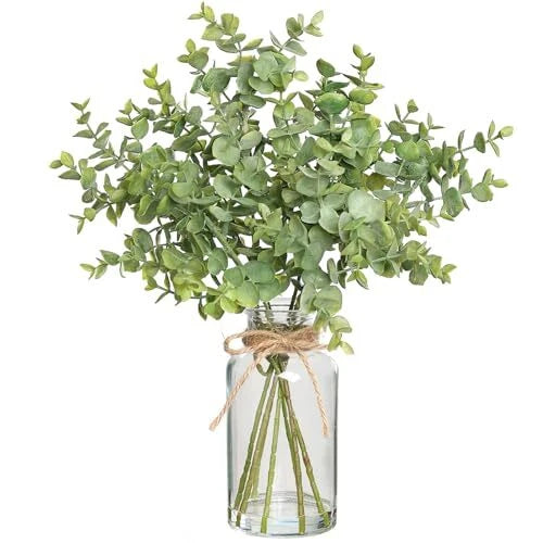 Fake Eucalyptus Stems in Glass Vase with Faux Water,14" Artificial Plants Green Plant