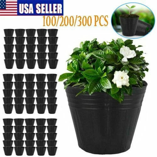 Set of black plastic nursery pots, disposable garden planters with drainage holes