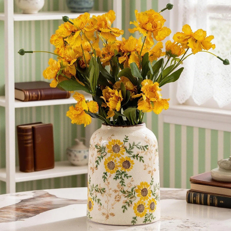 Beige ceramic vintage vase with sunflower and leaf print, cylindrical shape