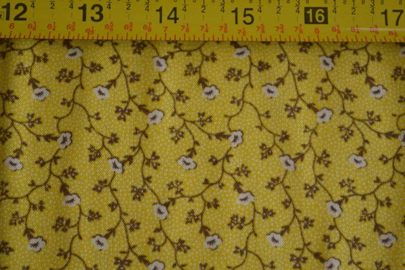 By 1/2 Yd, Brown & Cream Calico on Yellow, Blue Hill/Colonial Prints/Morgan,B976 Flowering Plants