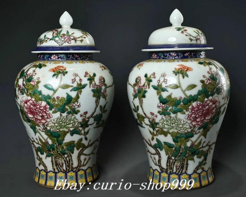 9.8" Qianlong Year Famille Rose Porcelain Plum Peony Flower General's Jar Pair Peony