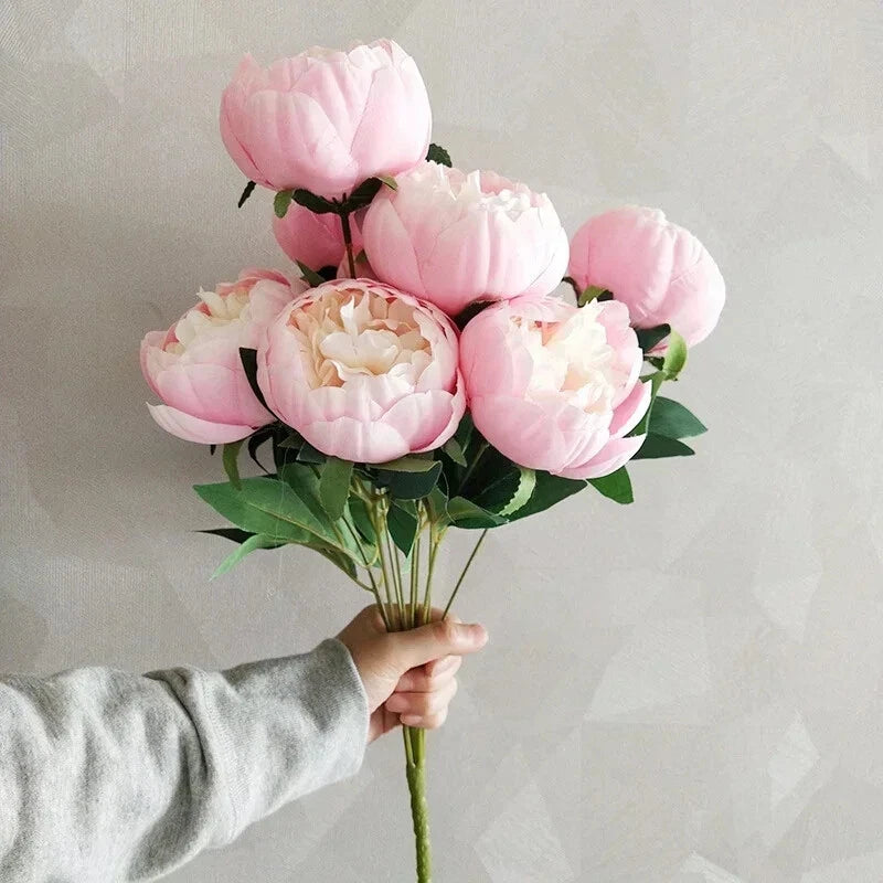 10-piece artificial peony bouquet with pink and white flowers and green leaves
