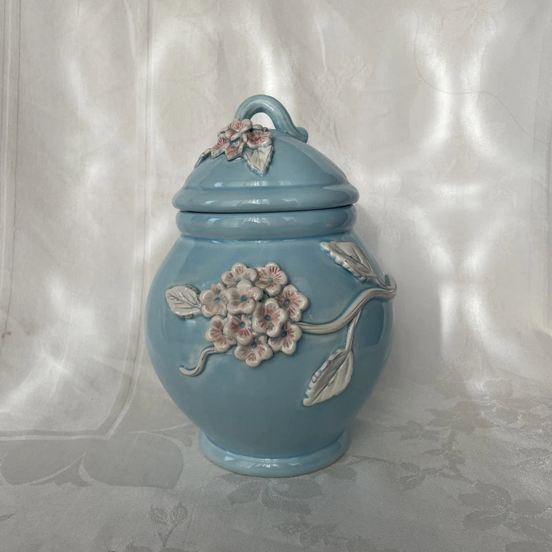 Vintage Hydrangea Canister Ginger Jar Applied 3D Floral Blue Lidded Pottery Hydrangea