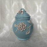 Vintage Hydrangea Canister Ginger Jar Applied 3D Floral Blue Lidded Pottery Hydrangea