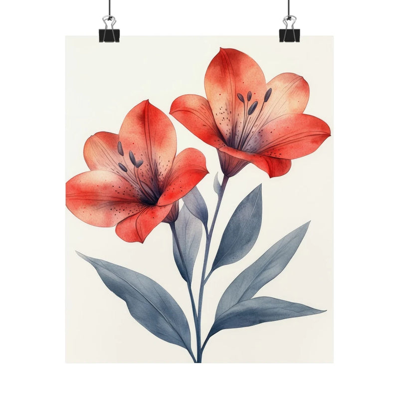 Red lily flower art print poster with blue leaves, minimalist botanical design