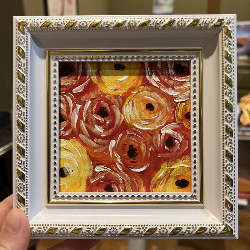 Roses,ranunculus ,flowers, original,miniature Painting,small,mini, Framed Ranunculus