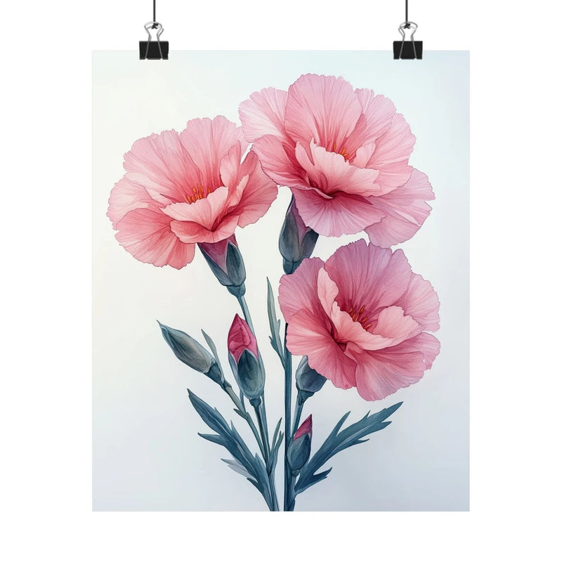 Pink carnation flower art print poster with three blooms and green leaves