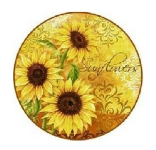 Sunflower charm pendant, round gold-toned enamel with three yellow flowers and floral scrolls