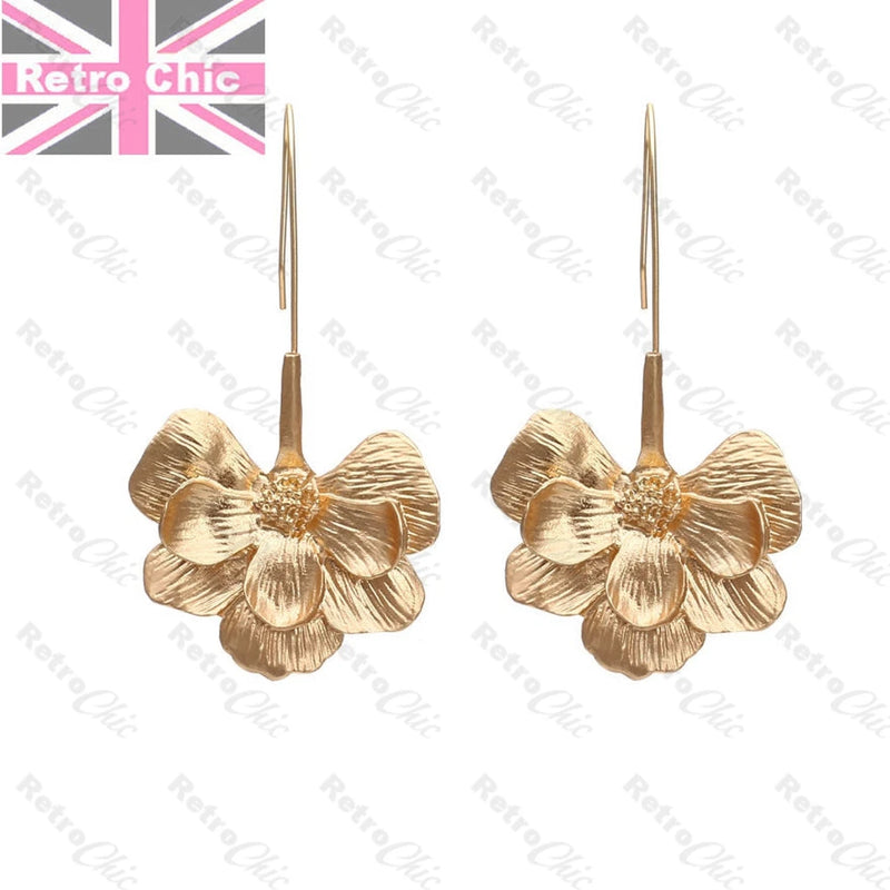 Matt Gold Tone Long Hook Lily Floral Drop Statement Earrings Leaf Petal Flowers Lily