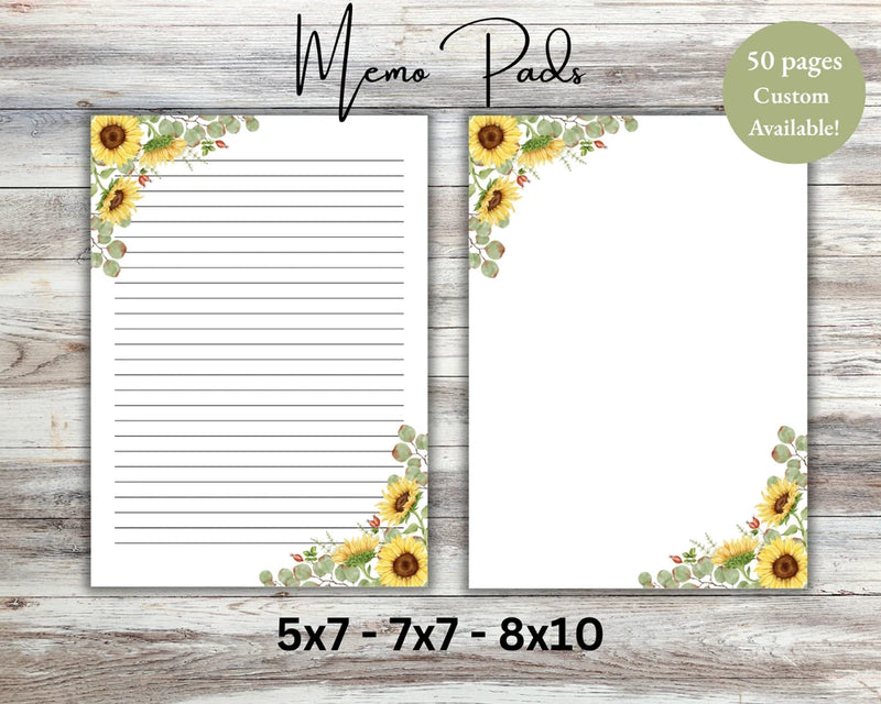 Sunflower memo pad with lined pages and floral corner border, custom 50 pages, 5x7–8x10