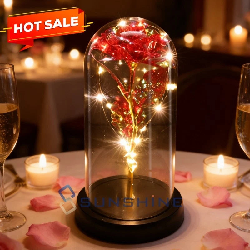 Lighted red rose encased in clear glass dome with gold base