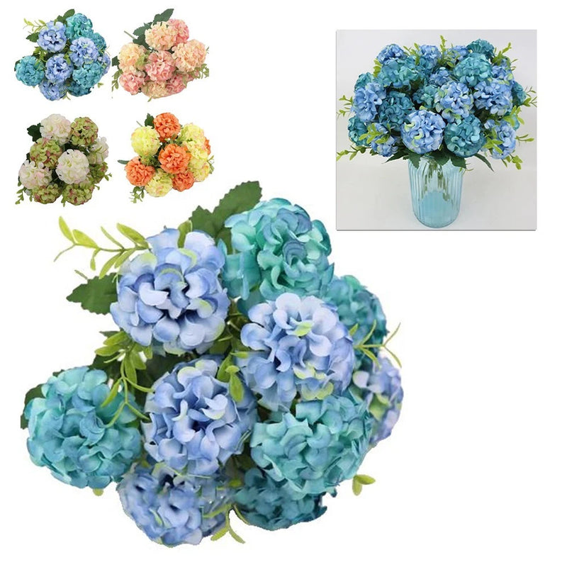 Realistic hydrangea bouquet with blue and light-blue faux blooms and green leaves