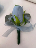 Lot of 9 Dusty Blue - Rose Floral - Wedding Boutonnieres - Qty 9 with Pearl Pins Bouquet