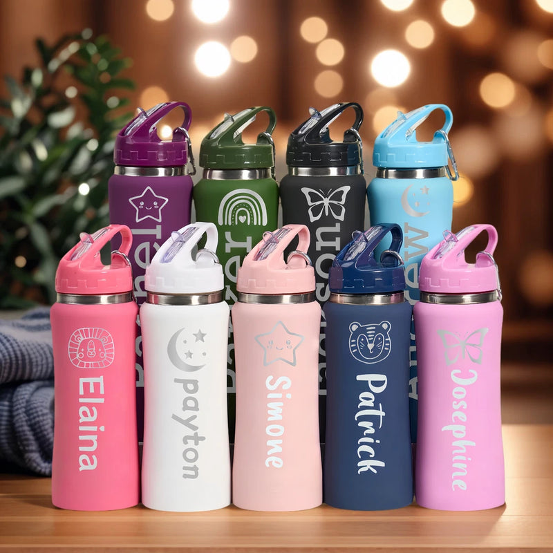 Personalized insulated water bottles with straws, assorted pink, white, blue, and green designs.