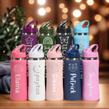 Personalized Water Bottles _Custom Sport Insulated Water Bottle with Straw Roses