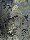 Blue & Gold Abstract Floral - Faux Silk Brocade Jacquard Fabric Flowering Plants