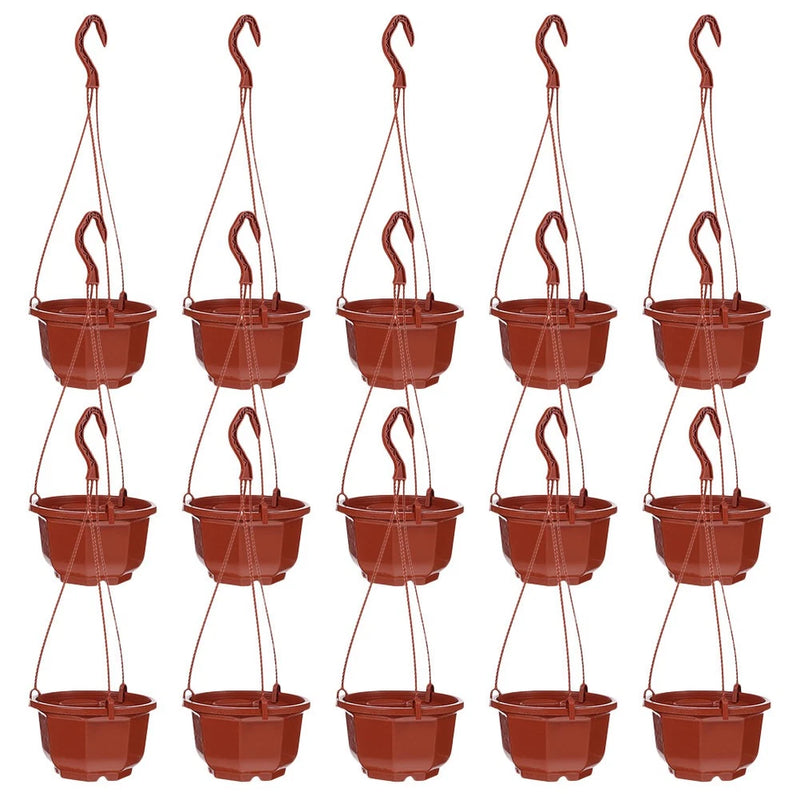 Hanging plastic flower pot planters, terracotta color, 15-pack with rope loops