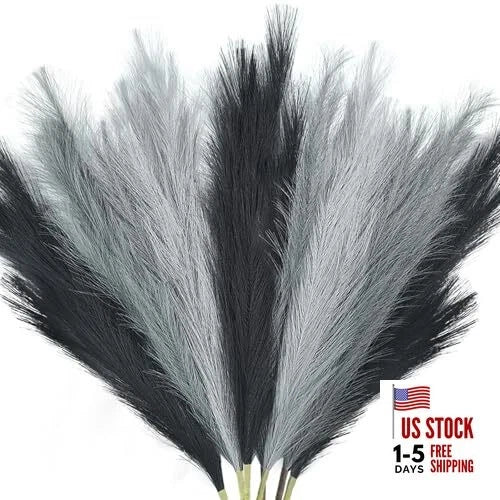 8Pcs Black and Grey Faux Pampas Grass Tall 35.4inch-8Pcs Black, Grey, Silver Pampas Grass