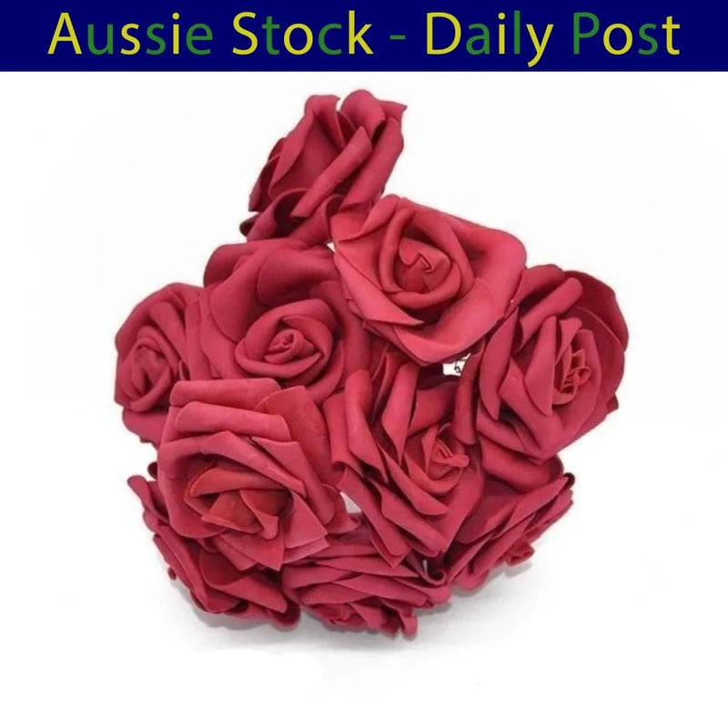 Foam Flowers Burgundy 7cm Rose Stems Artificial Wedding Bride Bouquet 20pcs Bouquet